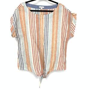 LL Bean Signature 100% Linen Blouse Womens Sz Large Multicolor Striped Tie Front